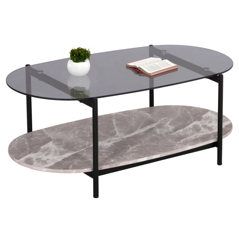 ΤΡΑΠΕΖΙ ΣΑΛΟΝΙΟΥ ΟΒΑΛ KITTY HM18040 ΓΥΑΛΙ ΦΙΜΕ TOP-GREY MARBLE ΜΕΛΑΜΙΝΗ 110x50x43Υεκ