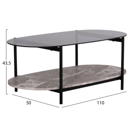 ΤΡΑΠΕΖΙ ΣΑΛΟΝΙΟΥ ΟΒΑΛ KITTY HM18040 ΓΥΑΛΙ ΦΙΜΕ TOP-GREY MARBLE ΜΕΛΑΜΙΝΗ 110x50x43Υεκ