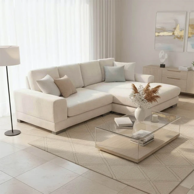 Reversible sofa Cornerdo pakoworld fabric in ivory color 265x175x85cm