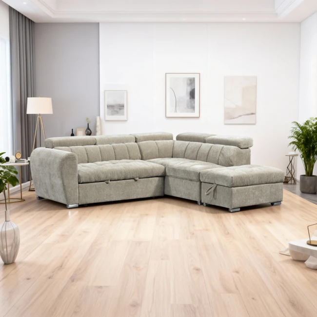 Γωνιακός καναπές-κρεβάτι αριστερή γωνία Nuvora pakoworld με αποθηκευτικό χώρο μπεζ ύφασμα 244x225x79εκ