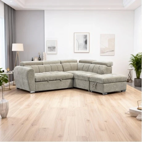 Corner sofa bed right corner Nuvora pakoworld with storage space beige fabric 244x225x79cm
