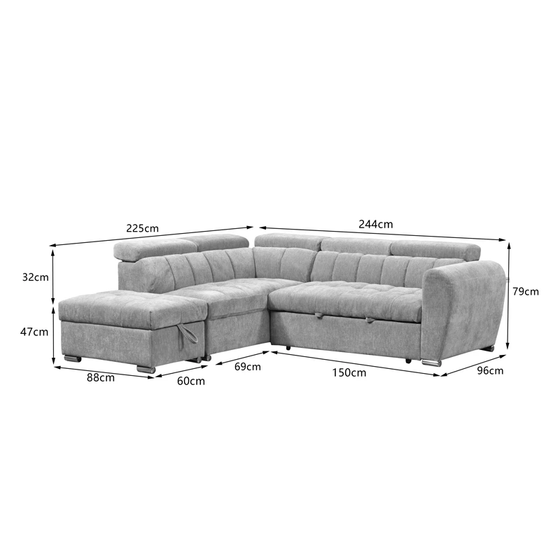 Corner sofa bed right corner Nuvora pakoworld with storage space beige fabric 244x225x79cm