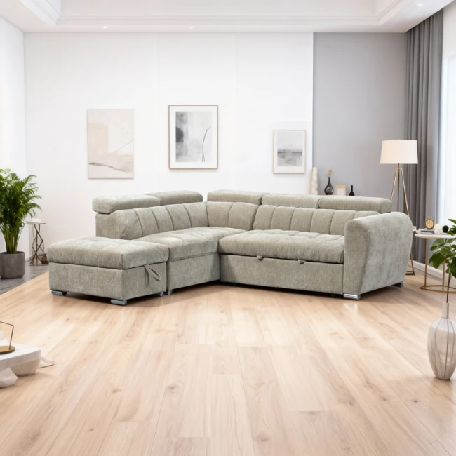 Corner sofa bed right corner Nuvora pakoworld with storage space beige fabric 244x225x79cm