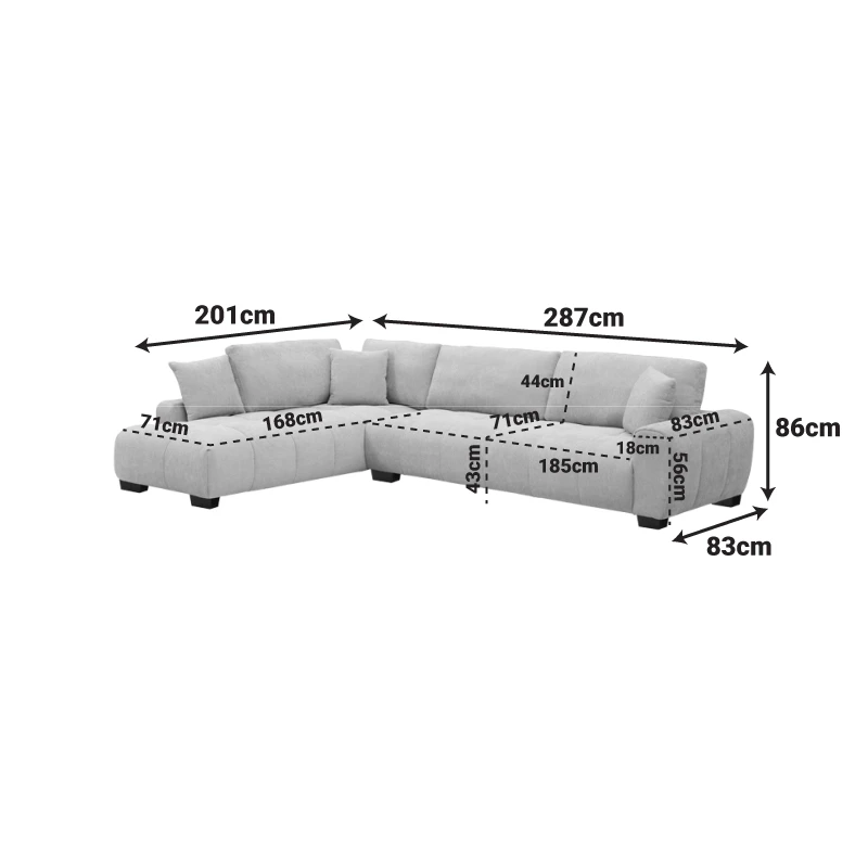 Γωνιακός καναπές Vaneto pakoworld δεξιά γωνία γκρι ύφασμα 298x208x85εκ