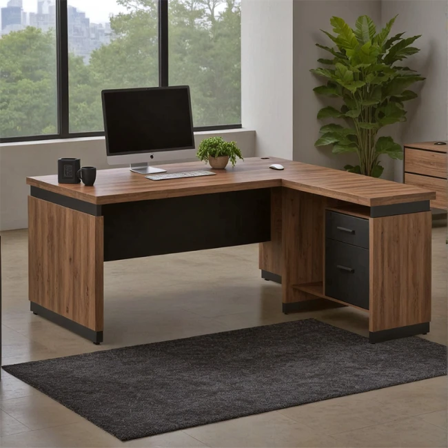 Γραφείο επαγγελματικό αναστρέψιμο Oscar pakoworld μελαμίνη σε καρυδί-ανθρακί απόχρωση 220x185x76εκ