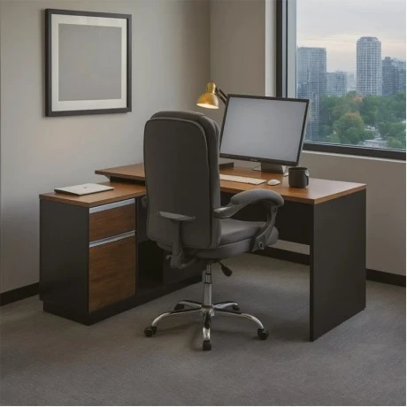 Professional desk with left corner Oscar pakoworld melamine in walnut-anthracite 140x120x76cm