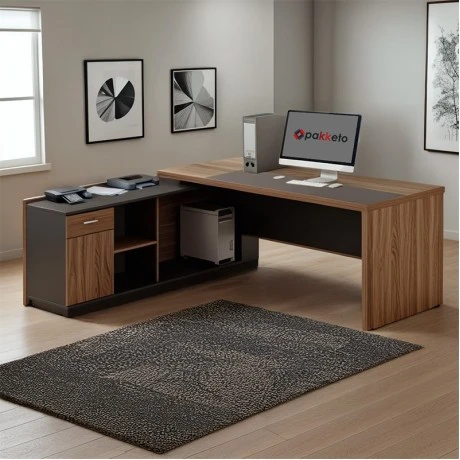 Professional desk with left corner Oscar pakoworld melamine in walnut-charcoal shade 240x180x76cm