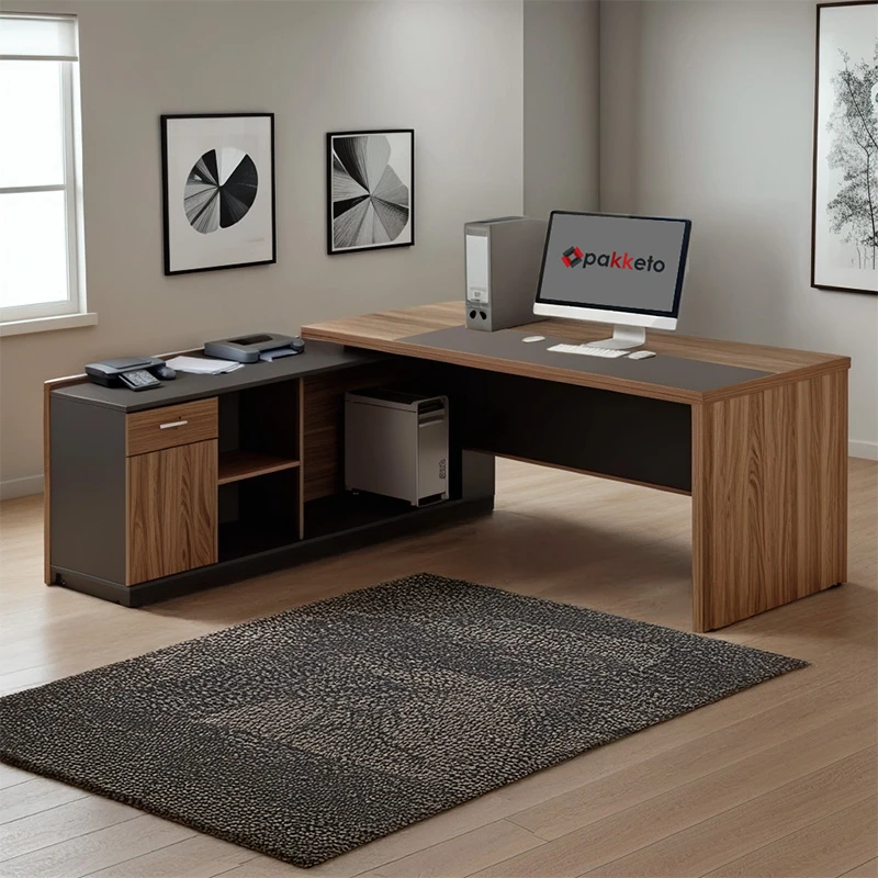 Desk with left corner Oscar pakoworld melamine in walnut-charcoal shade 220x180x76cm