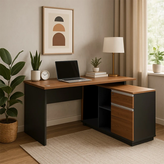 Desk with right corner Oscar pakoworld melamine in walnut-charcoal shade140x120x76cm