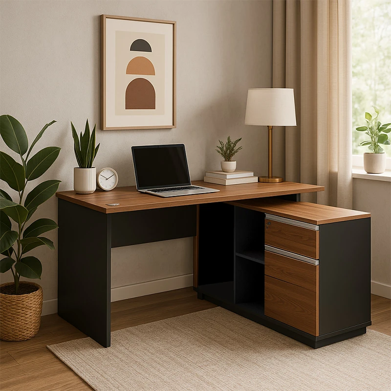 Desk with right corner Oscar pakoworld melamine in walnut-charcoal shade140x120x76cm