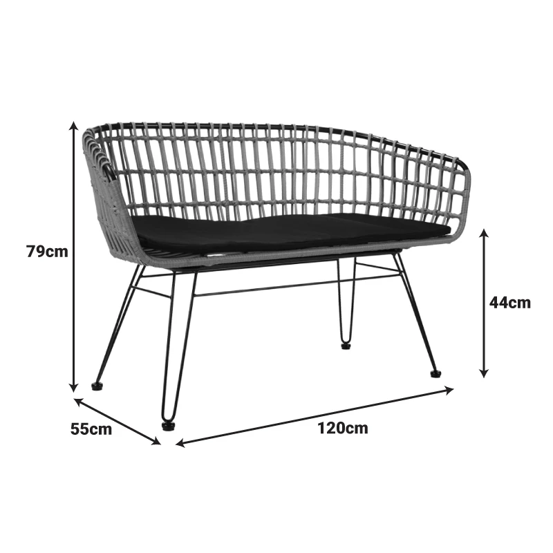 Sofa 2 seater Naoki pakoworld metal black-pe natural 120x55x79cm