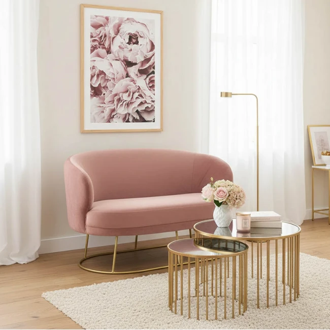 2 seater sofa Gloria pakoworld in rotten apple velvet - golden metal 132x82x83cm