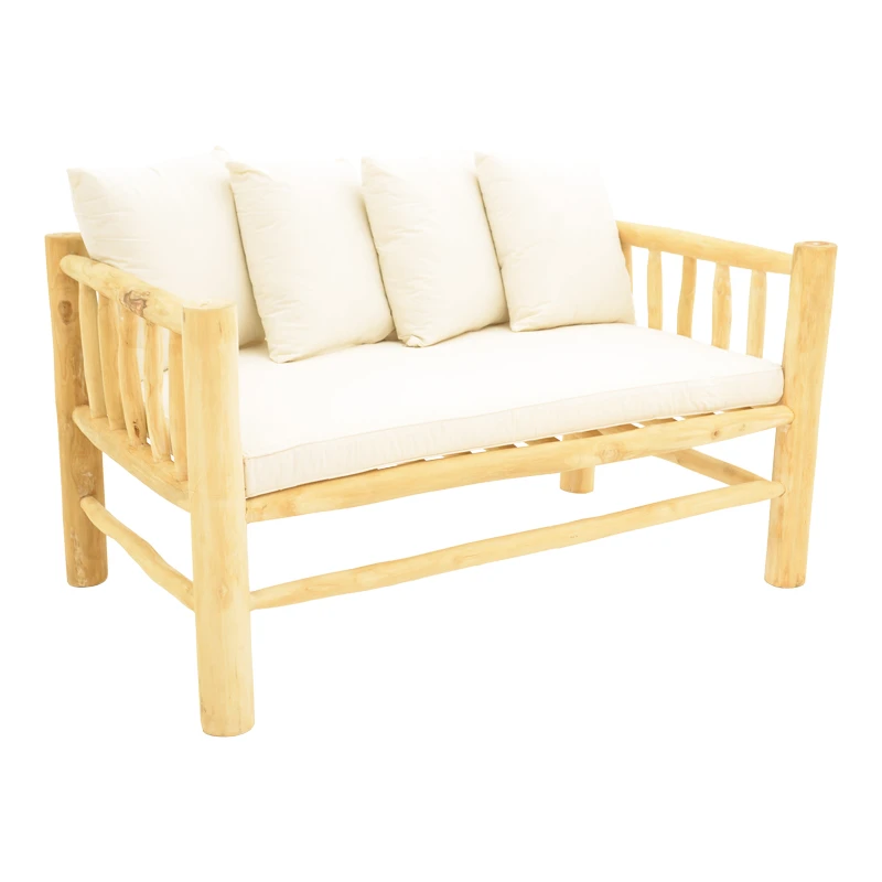 2-seater sofa Guada pakoworld teak wood in natural color and white cushions 135x80x71cm