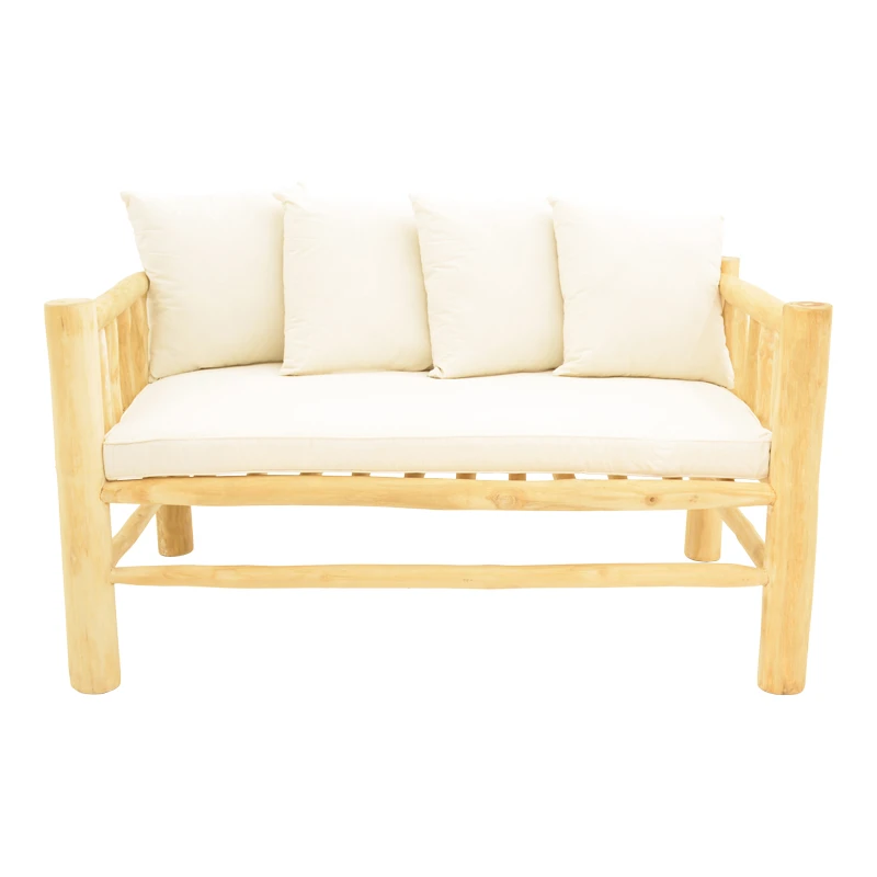 2-seater sofa Guada pakoworld teak wood in natural color and white cushions 135x80x71cm