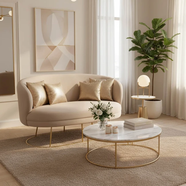 2 seat sofa Rony pakoworld velvet beige-golden metal leg 135x75x85cm