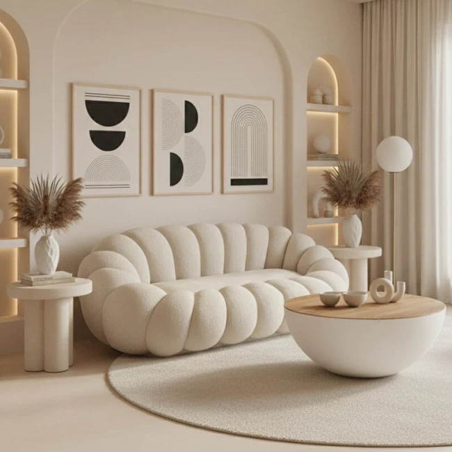 Sofa Embrace pakoworld boucle fabric in beige shade 180x105x65cm