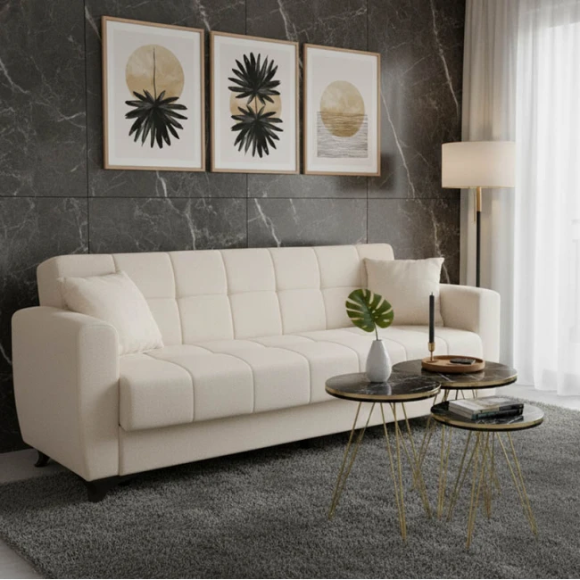 Καναπές-κρεβάτι με αποθηκευτικό χώρο τριθέσιος Modesto pakoworld κρεμ ύφασμα 215x85x80εκ