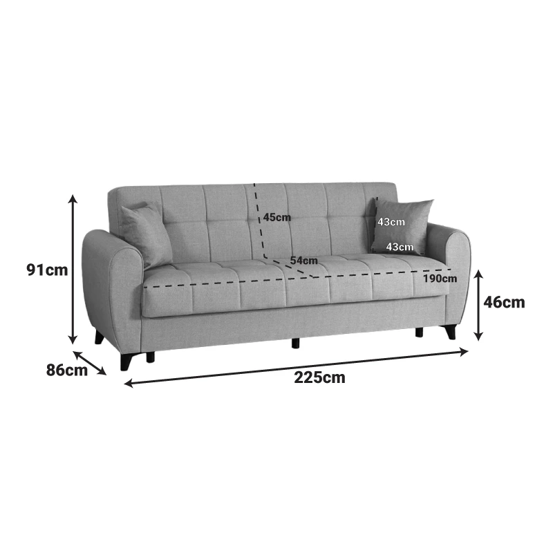 3-seater sofabed Lincoln pakoworld with storage space light grey fabric 226x84x93cm