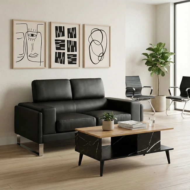 2 seater sofa Shea pakoworld in black pu-inox 158x80x87cm