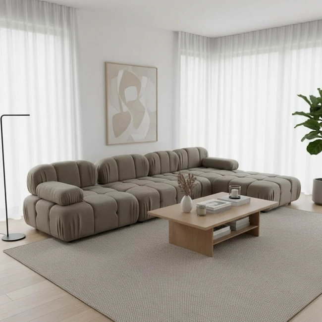 Kαναπές τριθέσιος με σκαμπό Hypnotic I pakoworld ύφασμα με μαξιλάρια σε γκρι-μπεζ απόχρωση 294x196x76εκ