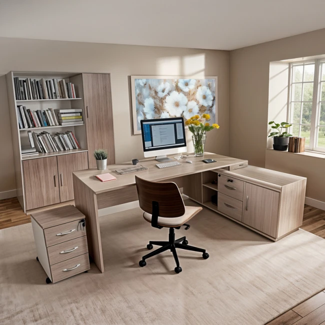 Office chair Amani pakoworld beige pu-walnut plywood 52x54x90.5cm