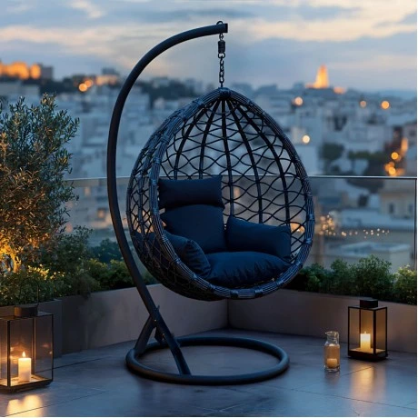 Lyere pakoworld swing nest with anthracite metal base with grey pe rattan 120x108x195cm