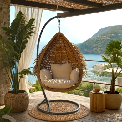 Varur pakoworld swing nest with brown metal base - pe rattan in beige color 120x105x195cm