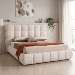 Double bed Abena pakoworld ecru boucle fabric with storage space 160x200cm
