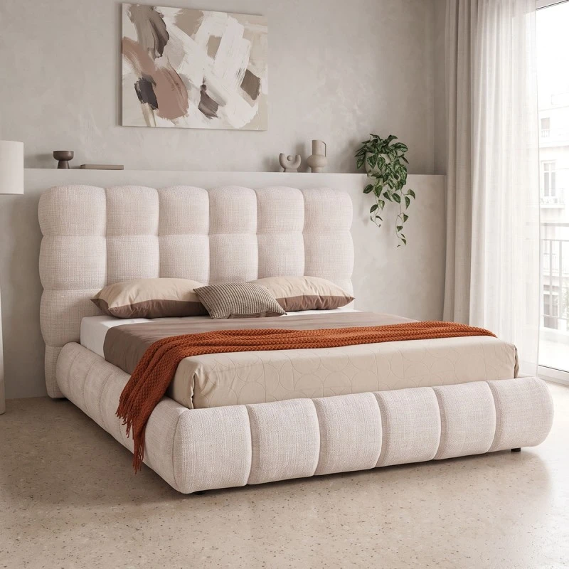 Double bed Abena pakoworld ecru boucle fabric with storage space 160x200cm