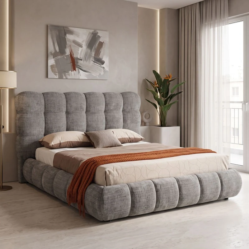 Double bed Abena pakoworld grey boucle fabric with storage space 160x200cm
