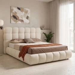 Double bed Abena pakoworld beige boucle fabric with storage space 160x200cm