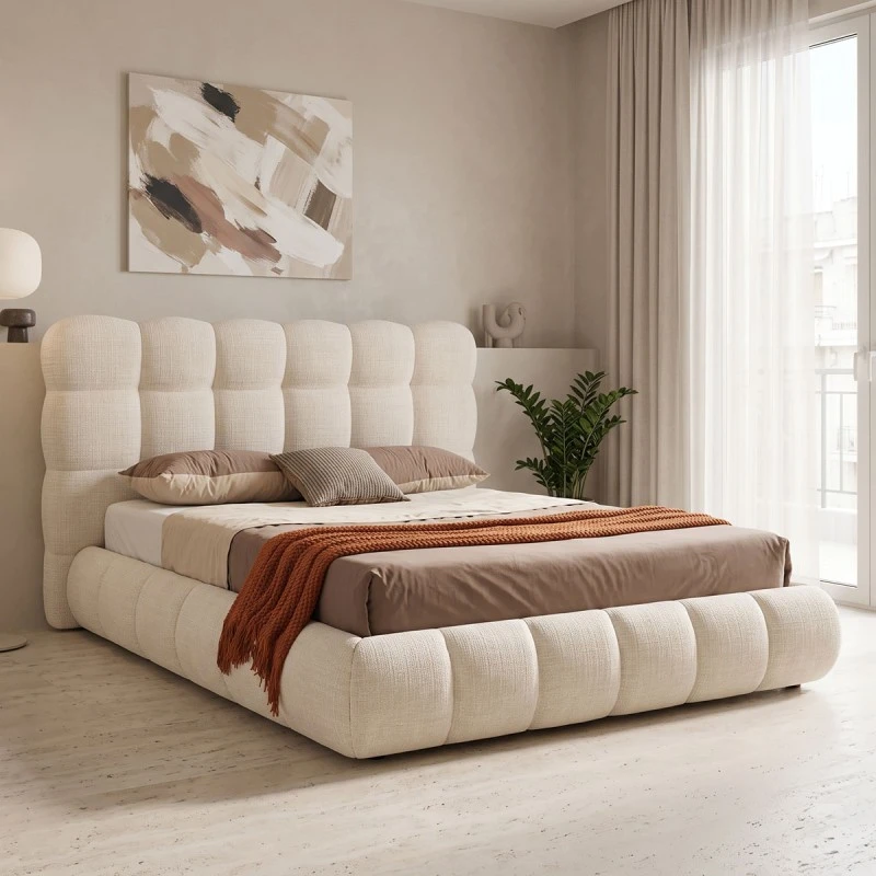 Double bed Abena pakoworld beige boucle fabric with storage space 160x200cm