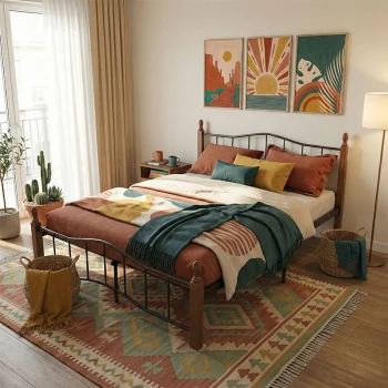Queen size bed Faryn pakoworld walnut color wood-black metal 150x190cm