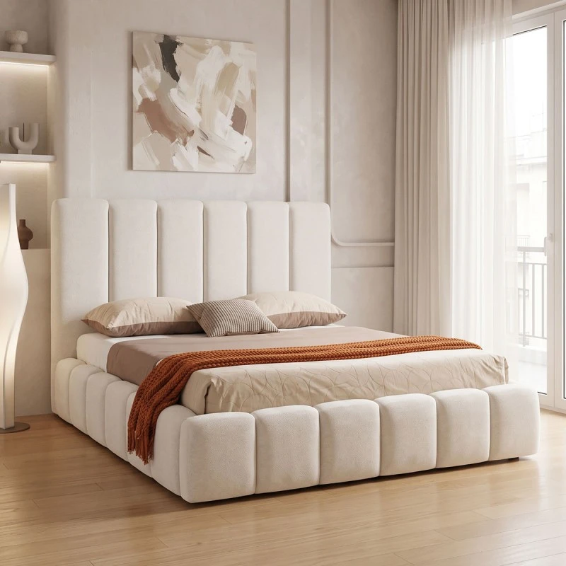 Double bed Ferena pakoworld ecru fabric with storage space 160x200cm