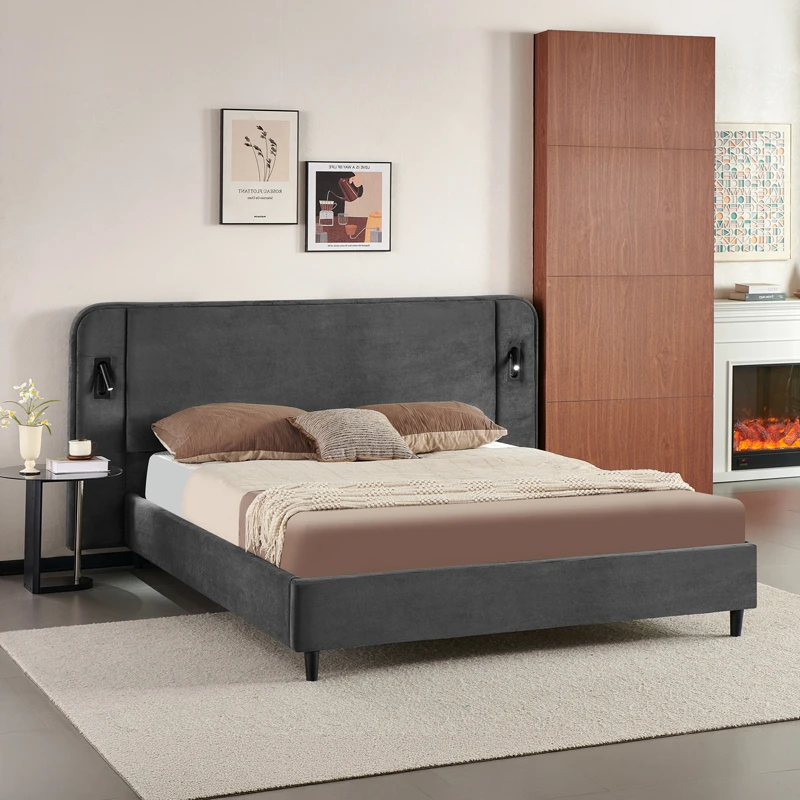 Double bed Fomo pakoworld with LED anthracite fabric 160x200cm