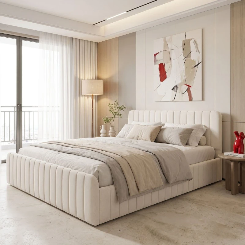 Double bed Myrelia pakoworld gray beige fabric 160x200cm