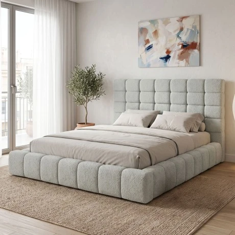 Double bed Pernant pakoworld with storage space light grey boucle fabric 160x200cm