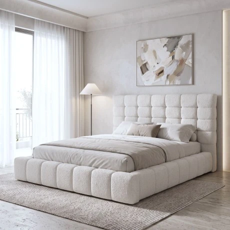 Double bed Pernant pakoworld with storage space ecru boucle fabric 160x200cm