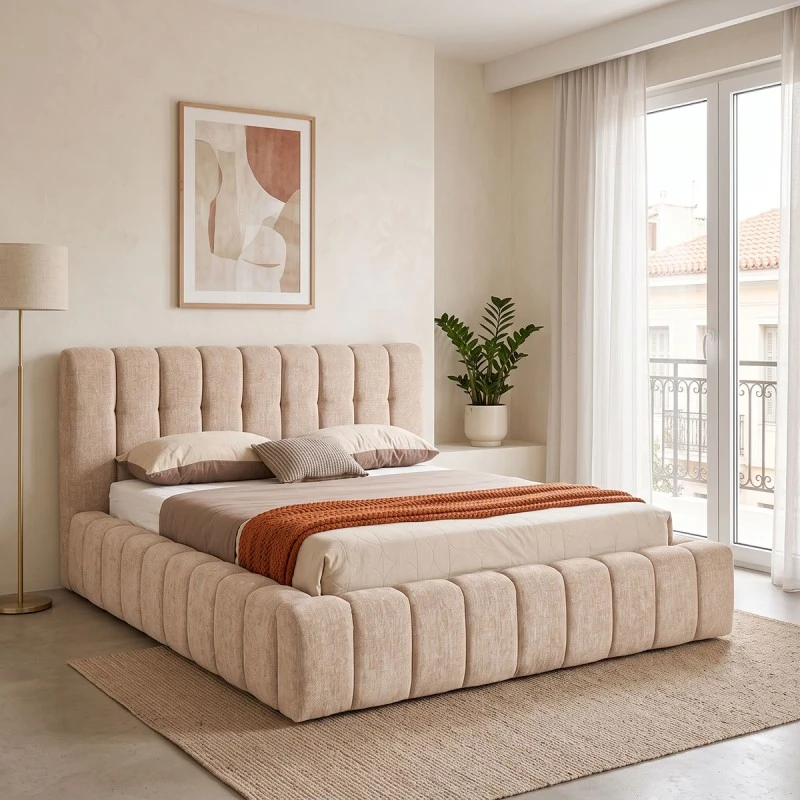Double bed Vilou pakoworld with storage space beige fabric 160x200cm