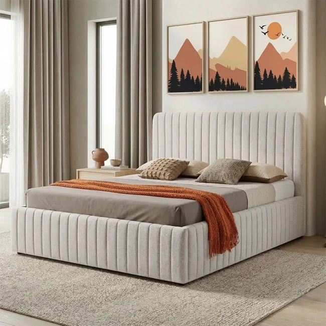 Κρεβάτι διπλό Zilin pakoworld ύφασμα μπεζ με αποθηκευτικό χώρο 160x200εκ