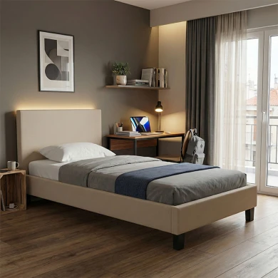 Κρεβάτι Nevil pakoworld ύφασμα εκρού με ξύλινο μαύρο πόδι 90x190εκ