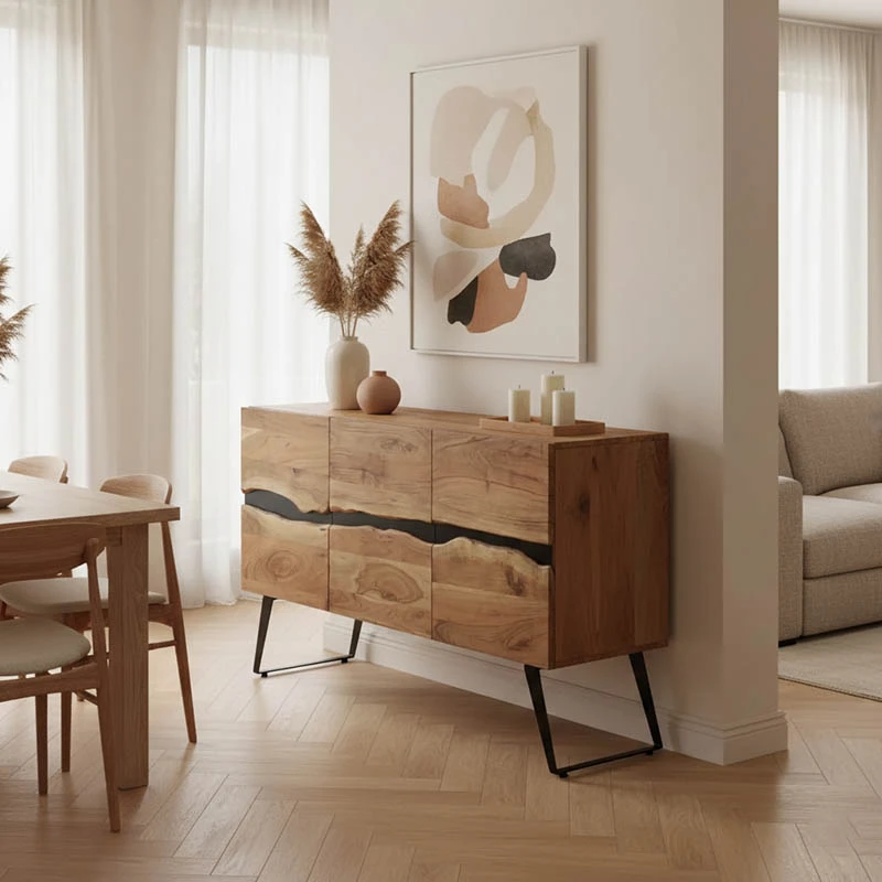 Imena Cabinet pakoworld solid Acacia wood in natural shade with black metal legs 148x43.5x86cm