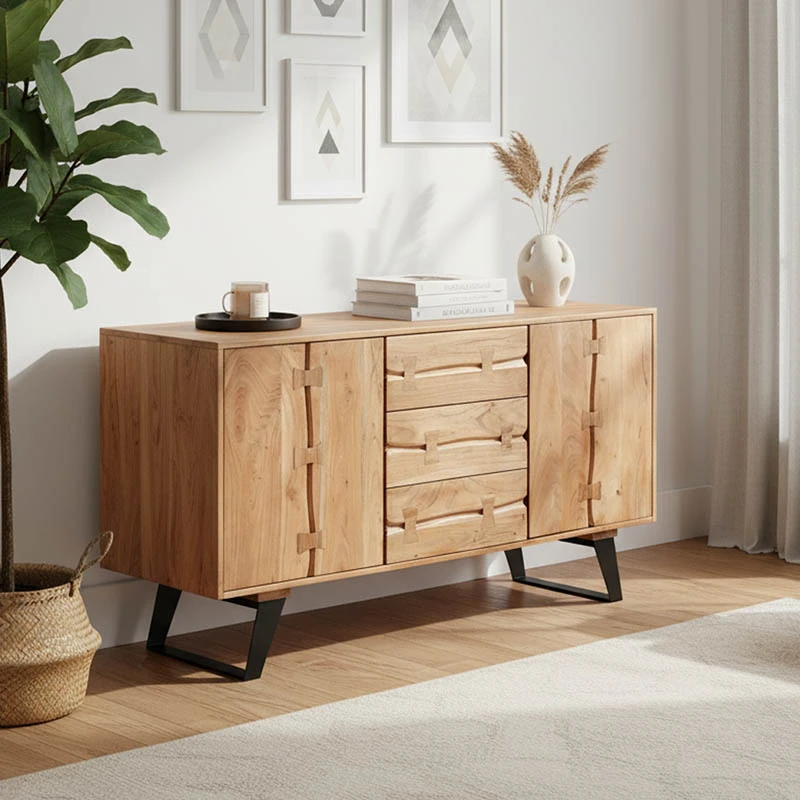 Buffet Leontina pakoworld solid acacia wood in natural color and black metal leg 150x45x86cm