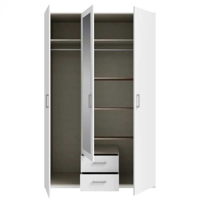 Jakrine pakoworld melamine three-leaf wardrobe melamine with mirror in white with 3 grey shelves 133.2x54.2x210.5cm