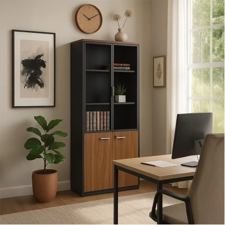 Professional bookcase Oscar pakoworld with doors by glass walnut-anhracite color 80x40x200cm