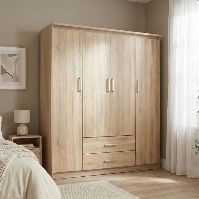 Wardrobe Olympus pakoworld with 4 doors and drawers in light oak colour 159x57x183cm