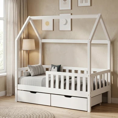 Children's bed Bendina Montessori type with 2 drawers pakoworld pine wood in white 90x190cm