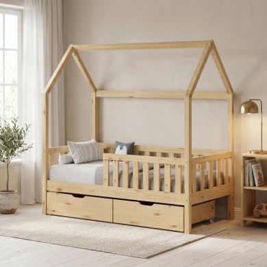Children's bed Bendina Montessori type with 2 drawers pakoworld pine wood in natural 90x190cm