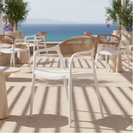 Ankara pakoworld stackable armchair pp in white color and natural color pe rattan 54x55.5x77cm