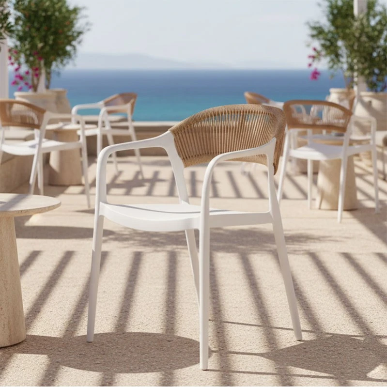 Ankara pakoworld stackable armchair pp in white color and natural color pe rattan 54x55.5x77cm